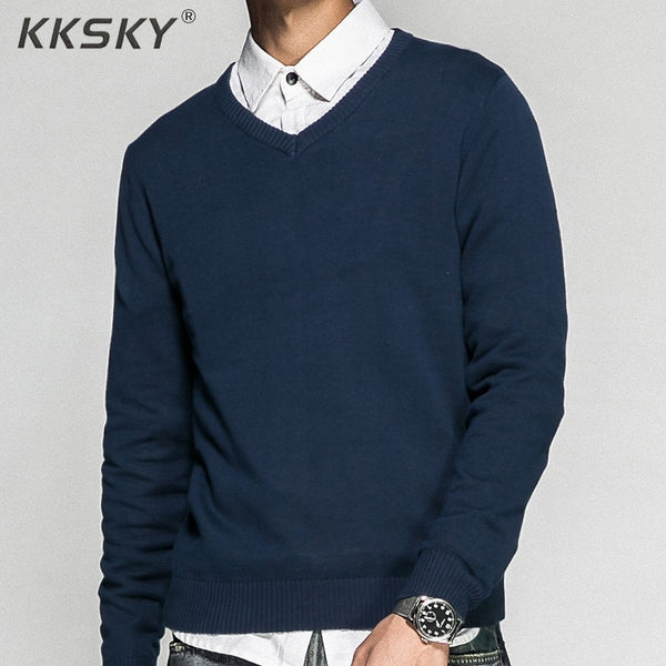 Men's Pullover V-neck 100% Cotton Solid Color Sweater 2019 Autumn And Winter New Long-sleeved Casual Sweater For Homme M-3XL