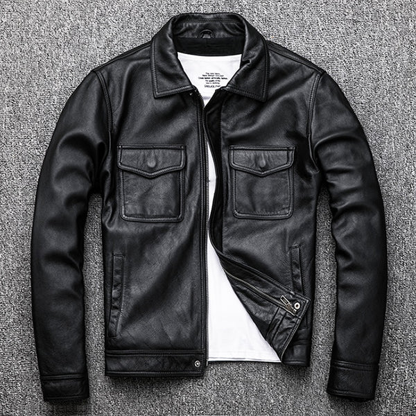 Free shipping.Genuine Leather jacket.classic black cowhide jacket.style pea coat.fashion jacket for man.plus size slim sales