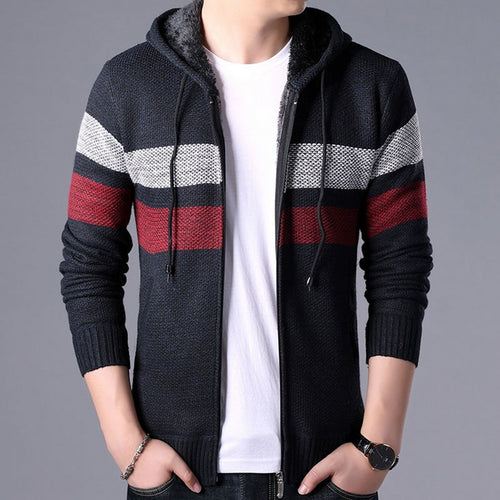 PUIMENTIUA  Sweater Coat Men 2019 Winter Thick Warm Hooded Cardigan Jumpers Men Striped Cashmere Wool Zipper Fleece Coats Men