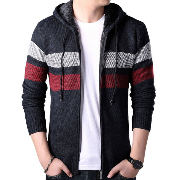 PUIMENTIUA  Sweater Coat Men 2019 Winter Thick Warm Hooded Cardigan Jumpers Men Striped Cashmere Wool Zipper Fleece Coats Men