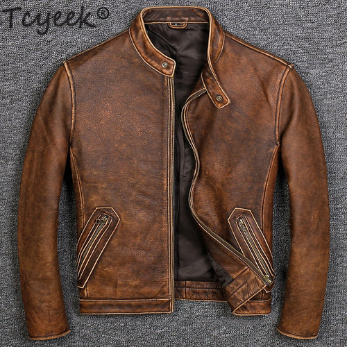 Tcyeek 100% Real Leather Coat Men Autumn Winter Clothes 2019 Streetwear Genuine Cow Leather Jacket Mens Fit Moto Biker Coats 681